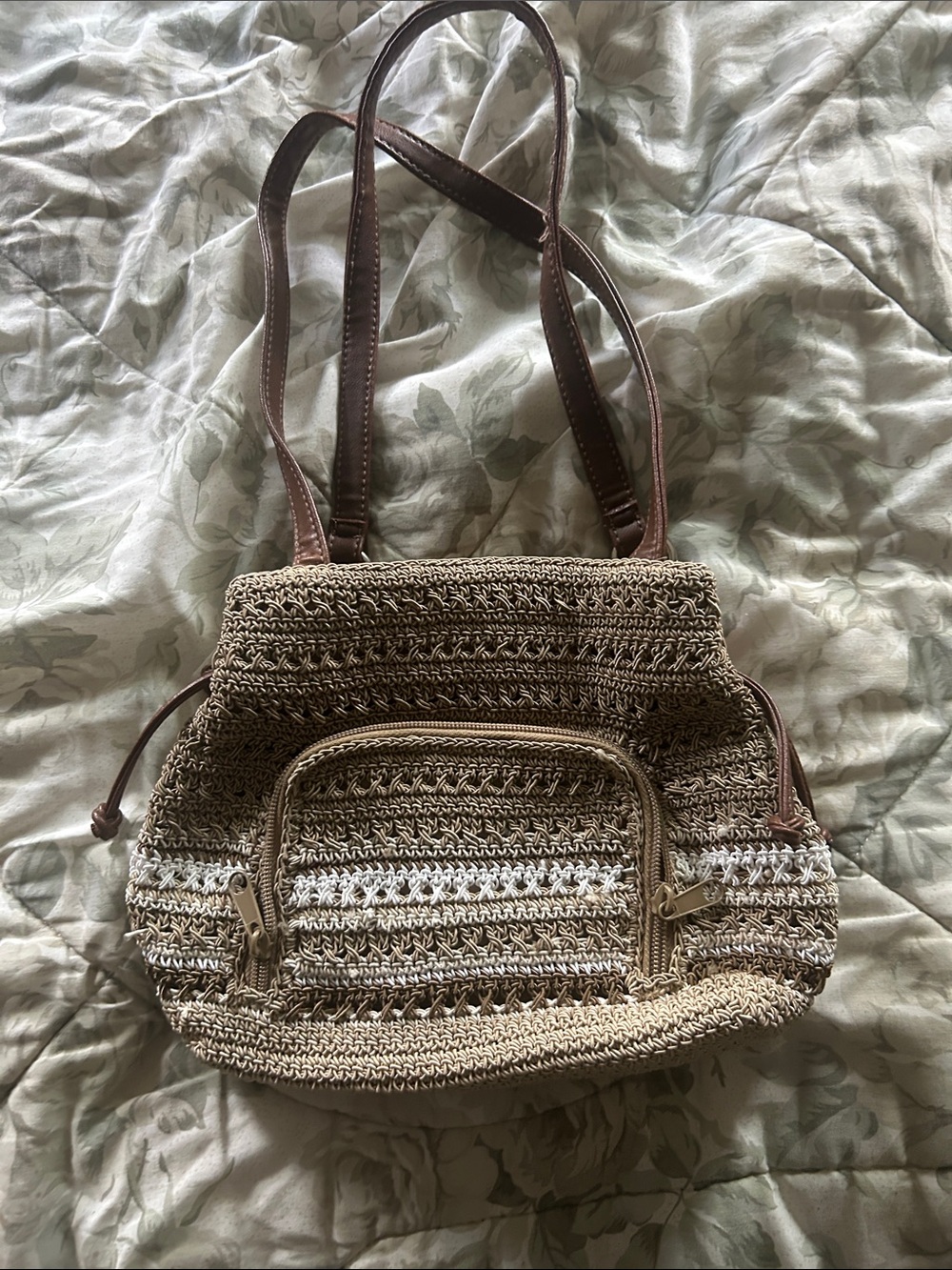 Woven Straw Tote Bag with Brown Straps